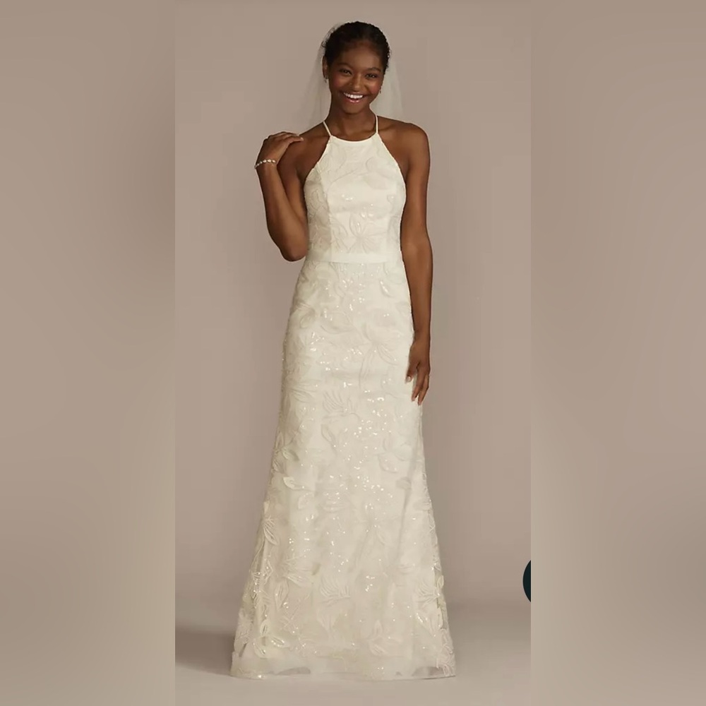 Wedding Dress. Soft white. Sheath. High neck. Unworn. Unaltered. Size 14.